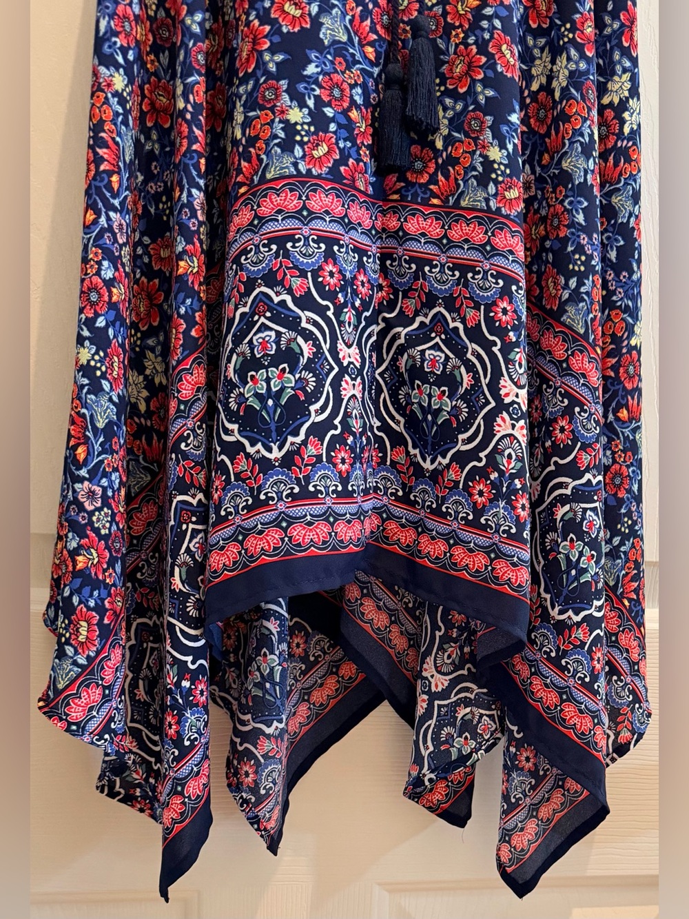 Xhilaration Navy Floral Boho Mini Dress Tassel Tie Smocked Pockets XS - Picture 7 of 16